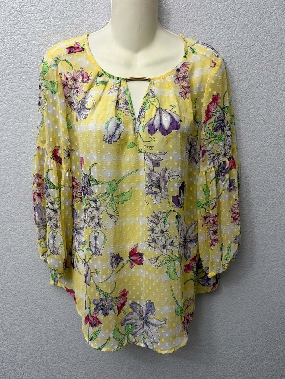 Liz Claiborne Yellow Floral Swiss Dot Blouse with Gold Bar Neck Detail